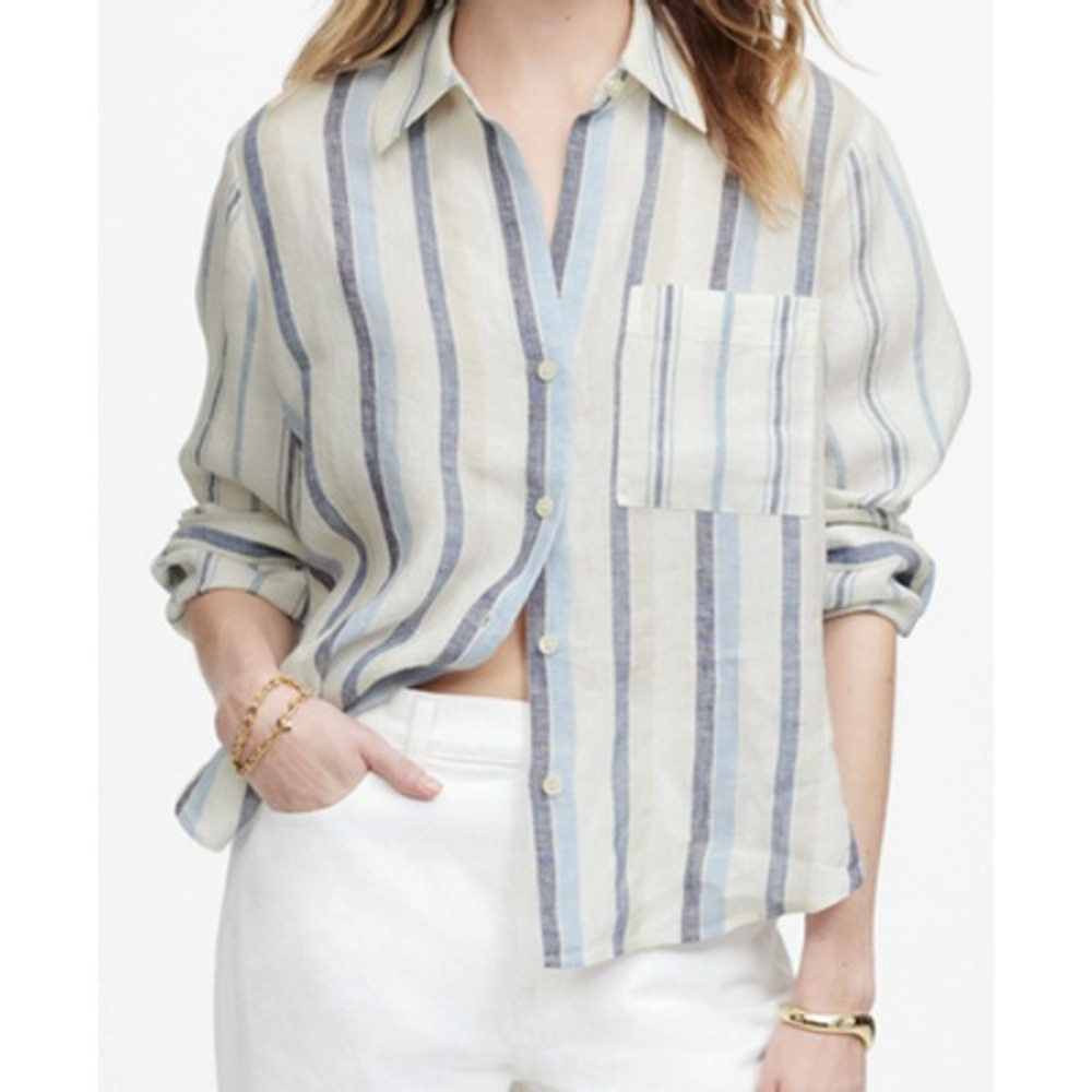 Madewell Linen Shirt Womens Large Coastal Blue Button Up Roll Tab Sleeve Relaxed